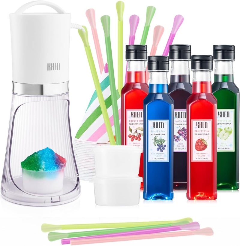 Khen Snow Cone Machine Gift Set, Electric Shaved Ice Maker Kit & 5 Syrup Flavors - With 25 Cone Cups, 25 Straws & 4 Ice Molds, Frozen Dessert Maker, Kids Adults & Parties, Birthday, Hawaiin Slushie Machine - Image 1